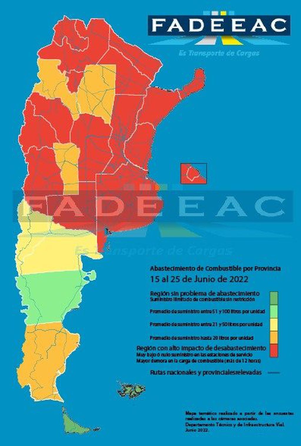 El “Mapa de abastecimiento de gasoil”, creado por técnicos de la Federación Argentina de Entidades Empresarias del Autotransporte de Cargas (FADEEAC), muestra que en ese período 23 distritos registraron problemas de diferente magnitud para acceder al gasoil.