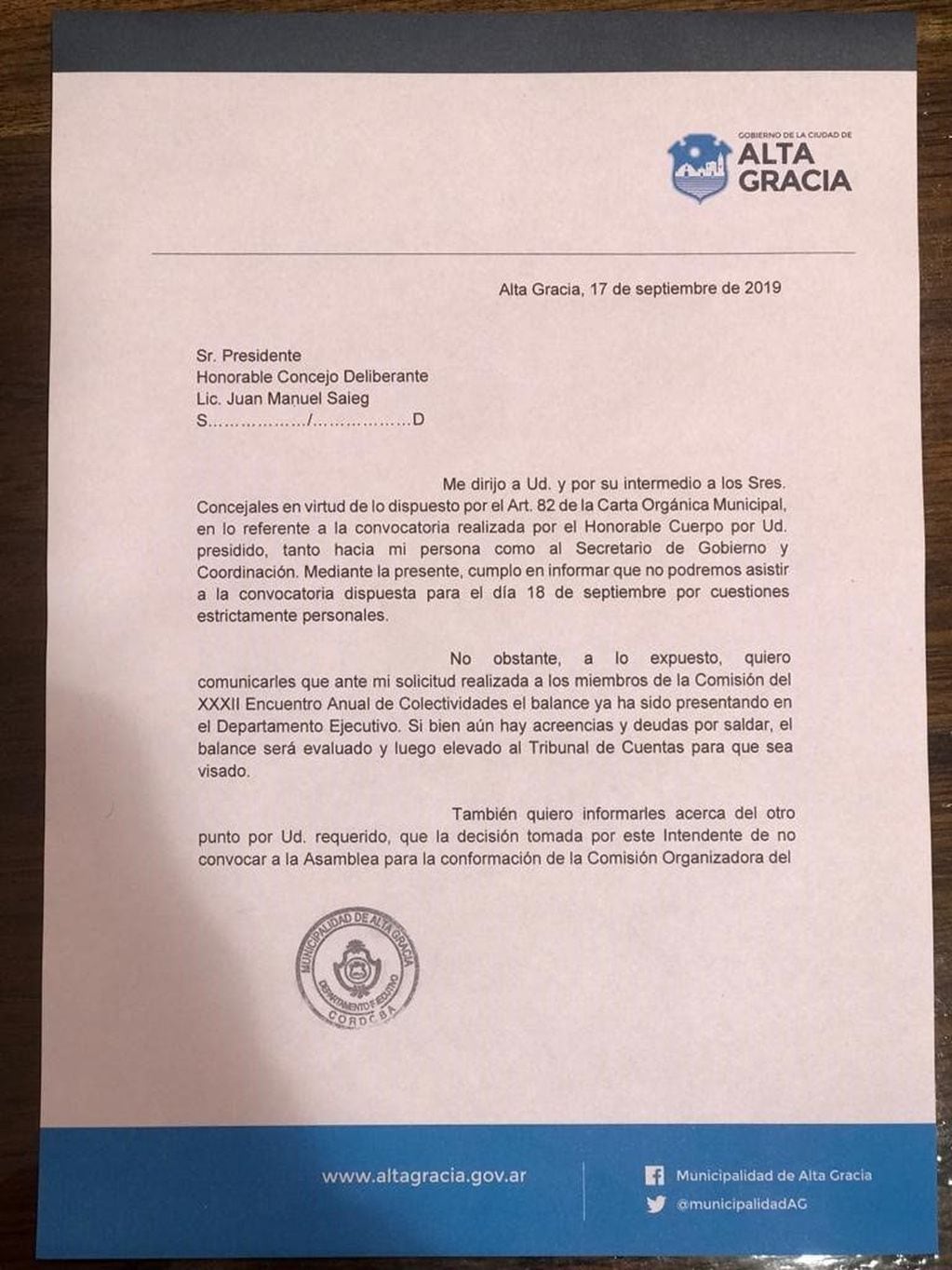 Alta Gracia: respuesta del intendente Facundo Torres.