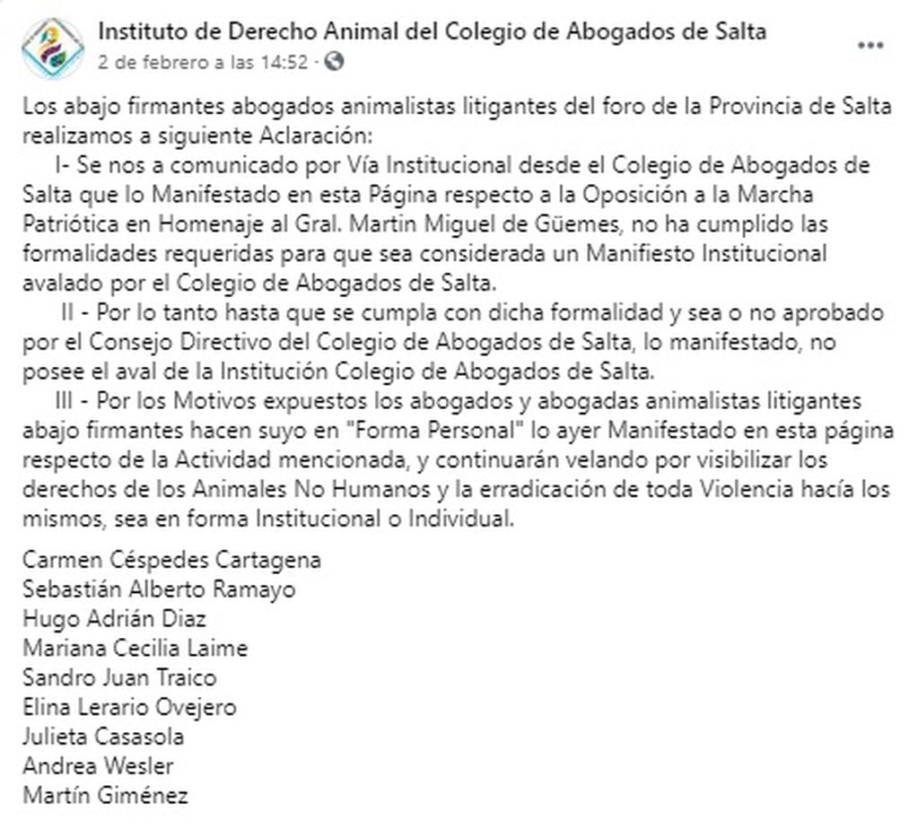 Posteo en Facebook del Instituto de Derecho Animal del Colegio de Abogados de Salta.