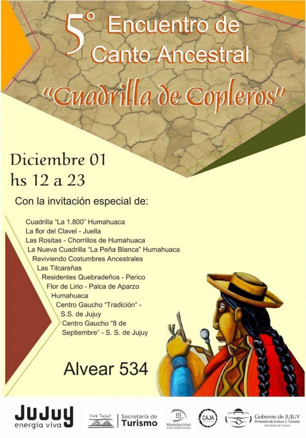 Afiche promocional del encuentro "Cuadrilla de copleros" a realizarse en el CAJA.