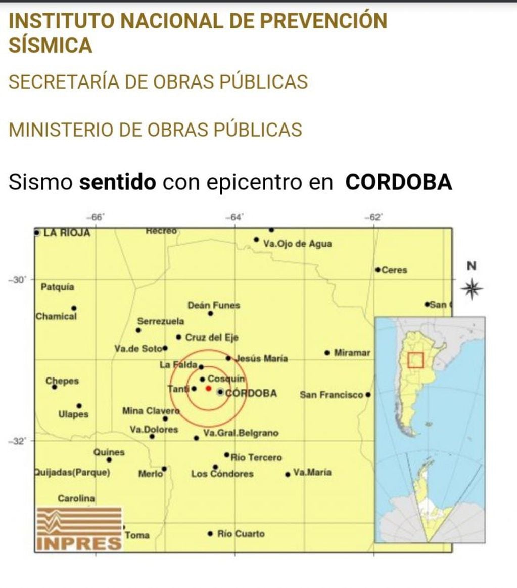 Movimiento sísmico registrado este lunes 22 de junio al sureste de Cosquín. (Foto: captura de pantalla INPRES).