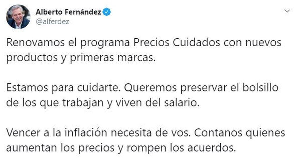Tuit de Alberto Fernández. (Twitter: @alferdez)