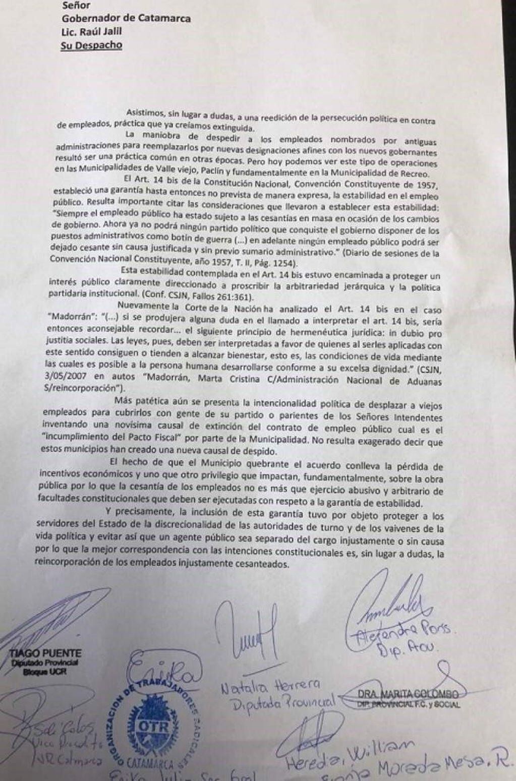 Documento de la UCR Catamarca para el gobernador Raúl Jalil.