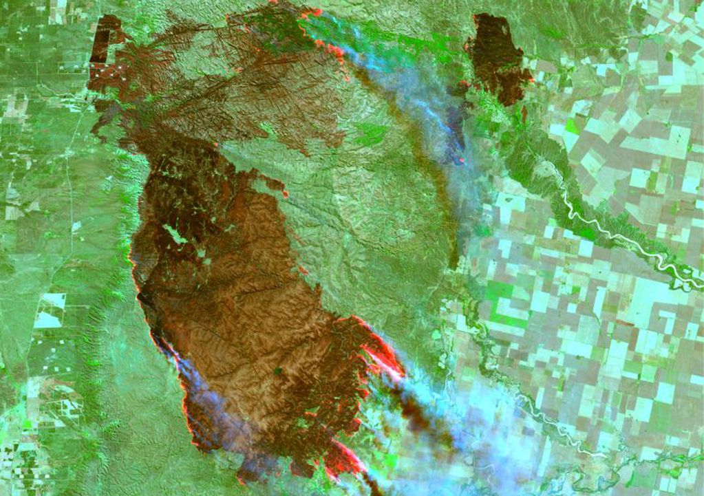 Vista del área afectada por los incendios en la zona de Alpa Corral, en el límite de Córdoba con la provincia de San Luis. Producto CONAE 2020.
