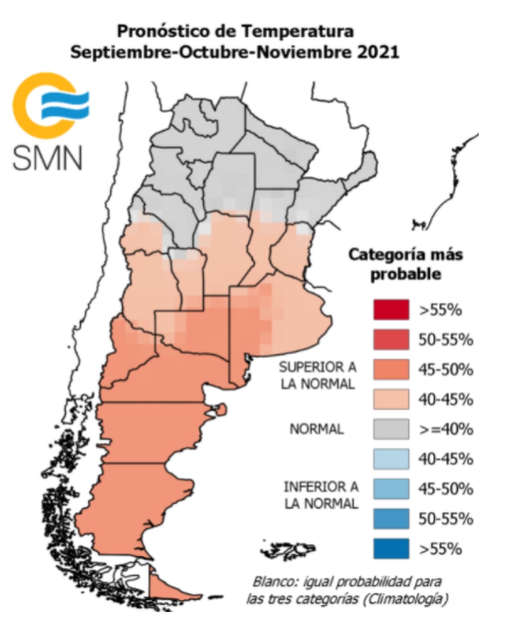 El pronóstico trimestral del SMN para la primavera 2021 en Argentina.