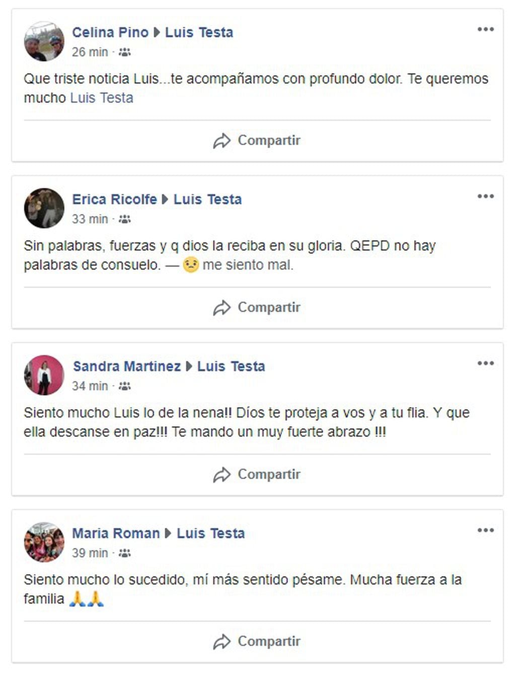 Mensajes en el muro de Facebook de Luis Testa.