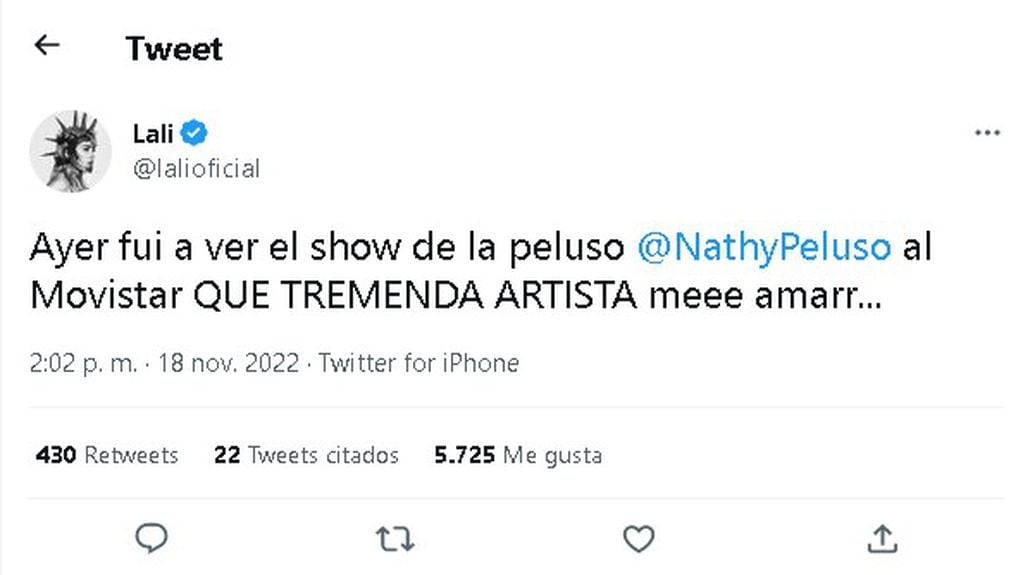 La opinión de Lali Espósito sobre el show de Nathy Peluso.