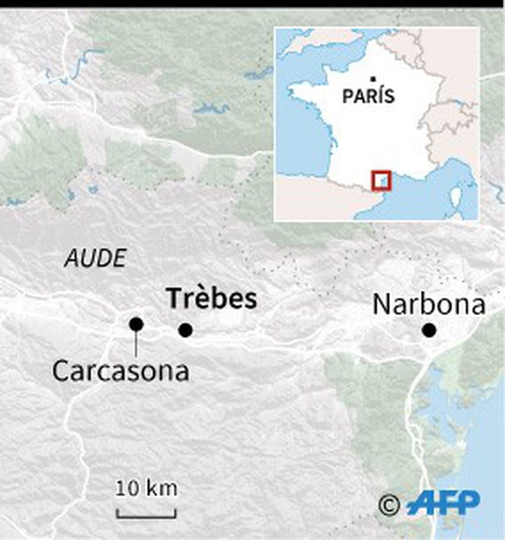 Localización de Trebes, en la región francesa de Aude (sur), donde se produjo una toma de rehenes en un supermercado y un policía resultó herido de bala - AFP / AFP