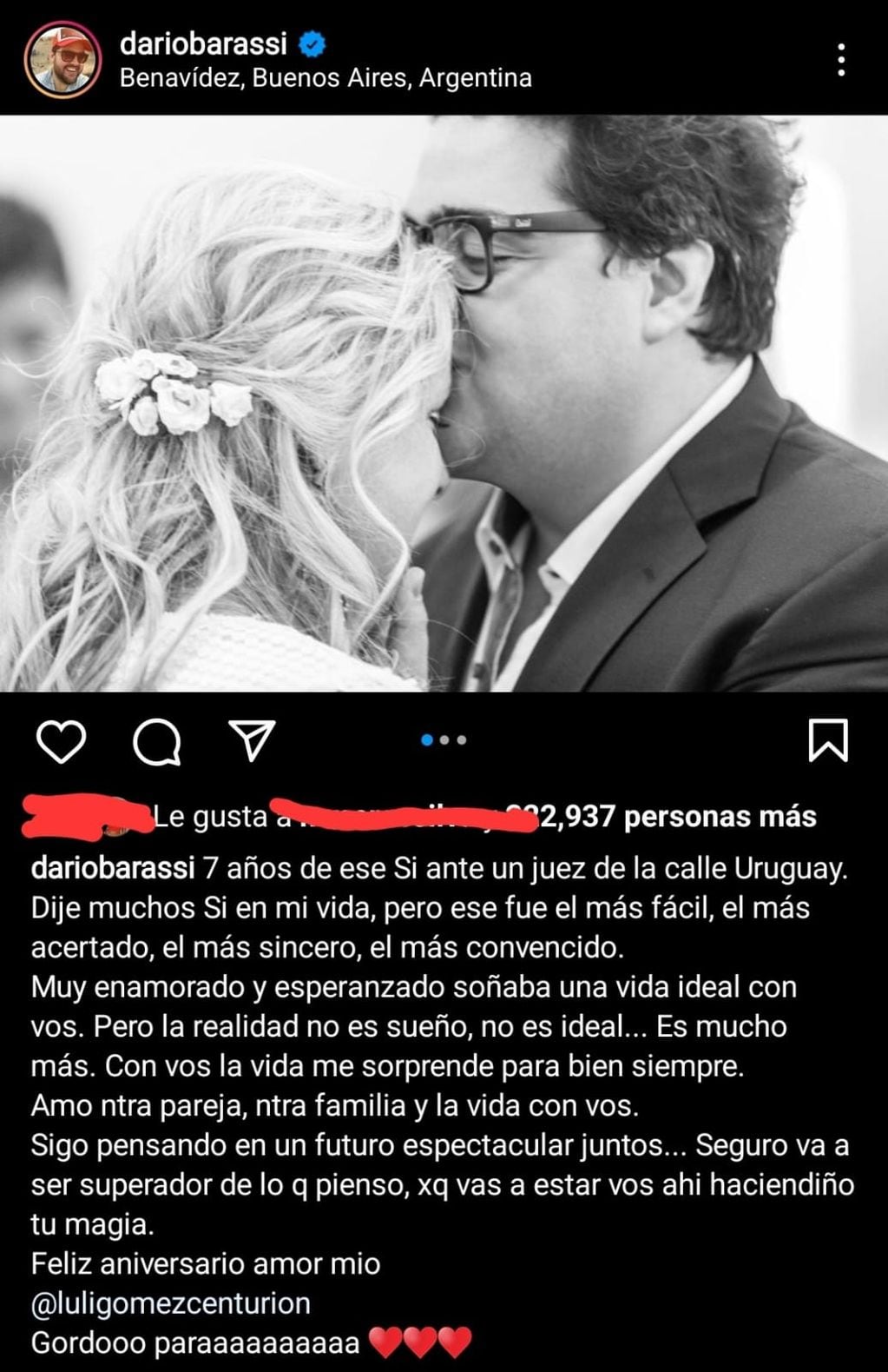 La publicación de Darío Barassi en Instagram con motivo del aniversario de su boda.