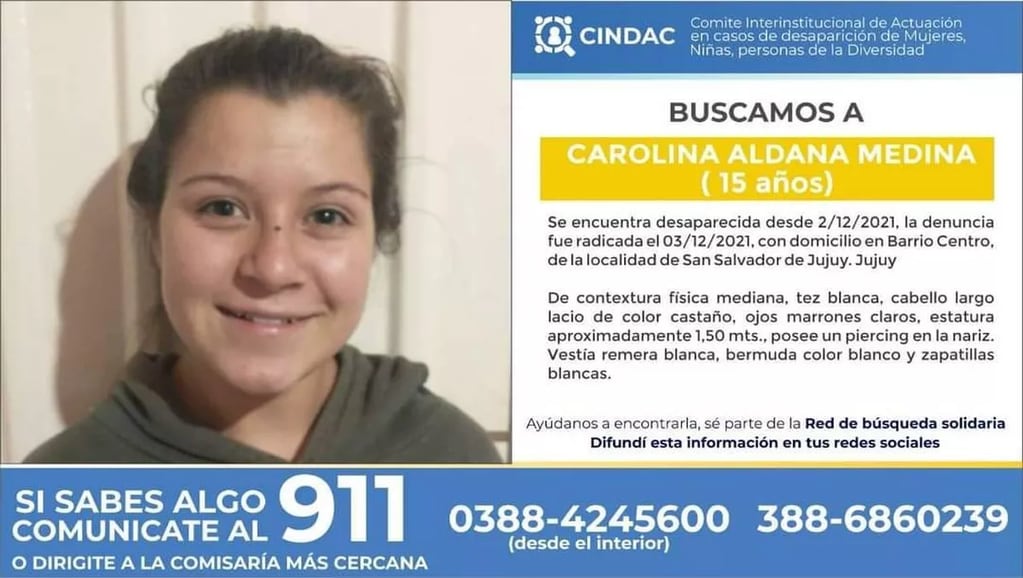 Carolina Aldana Medina es intensamente buscada por los organismos que integran el Comité Interinstitucional de Actuación en Casos de Desaparición de Mujeres, Niñas y Personas de la Diversidad (CINDAC).