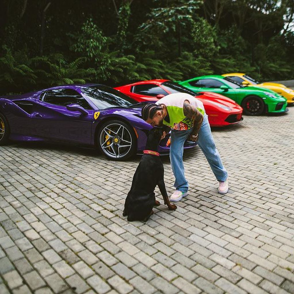 Maluma junto a su colección de autos de lujo.