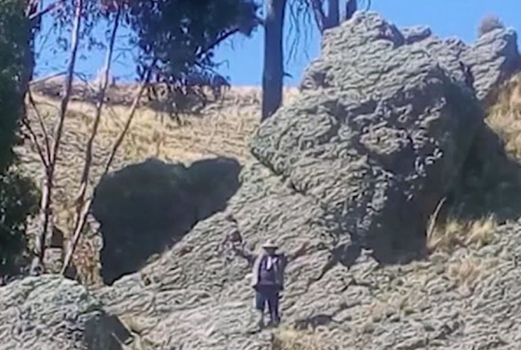 Un hombre posa junto a una piedra que se parece a Homero Simpson en Bolivia.