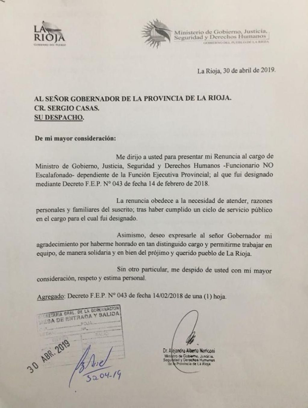 Texto de dimisión el cargo que presentó Moriconi
