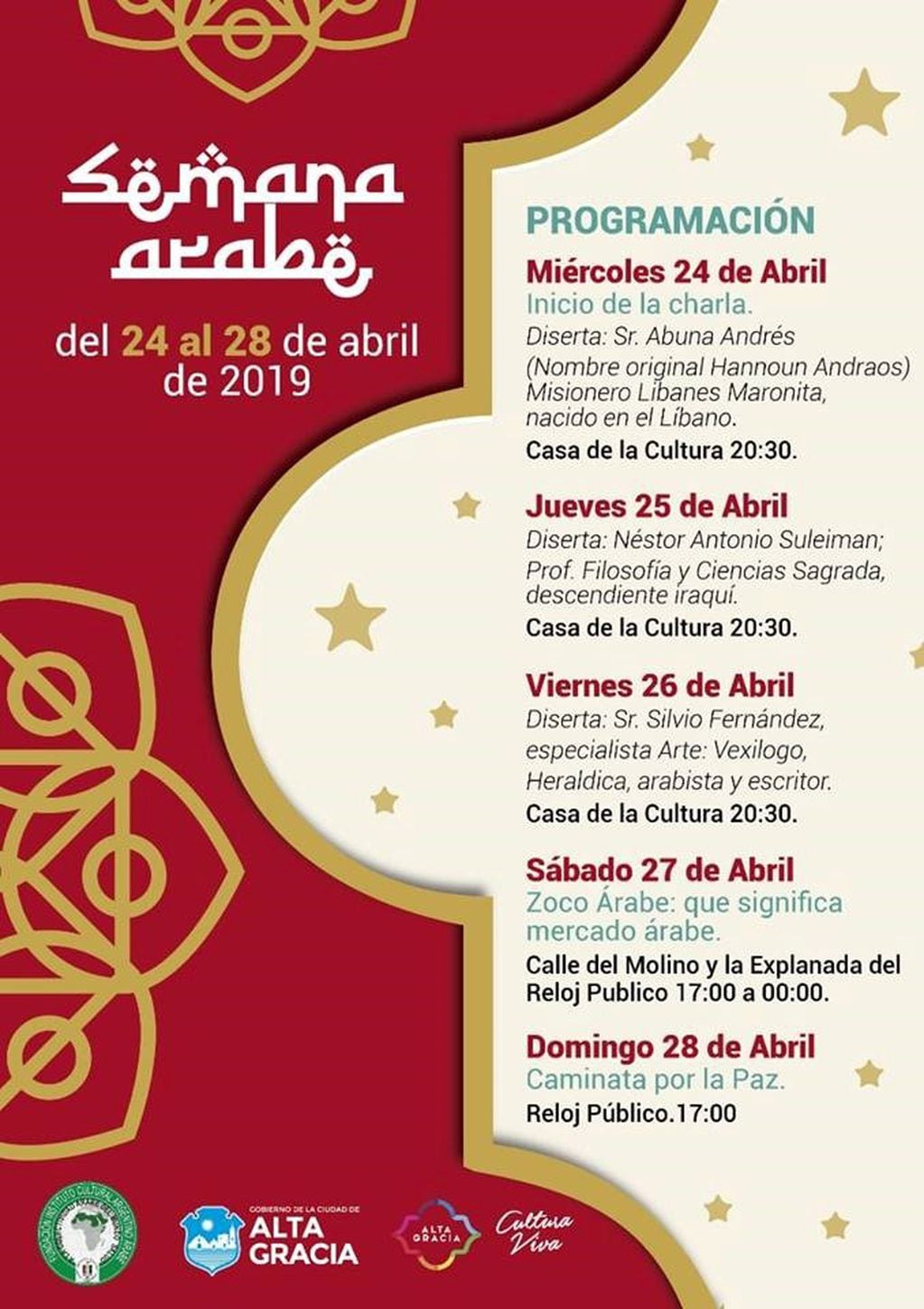 Programación de actividades en la celebración de la Semana Árabe en Alta Gracia.