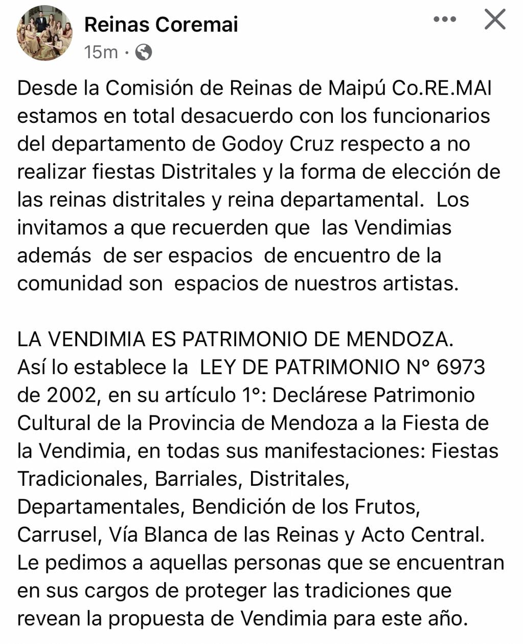 La organización de reinas maipucinas repudió la decisión de la Municipalidad de Godoy Cruz.