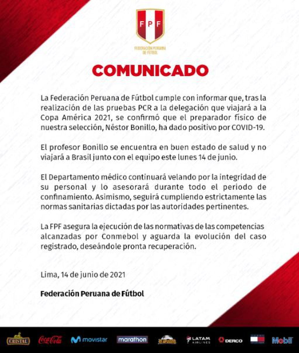 El preparador físico de la Selección de Perú tiene coronavirus y no viajará a Brasil.