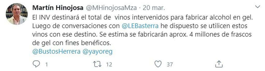 Tuit de Martín Hinojosa, presidente del Instituto Nacional de Vitivinicultura. (Twitter)
