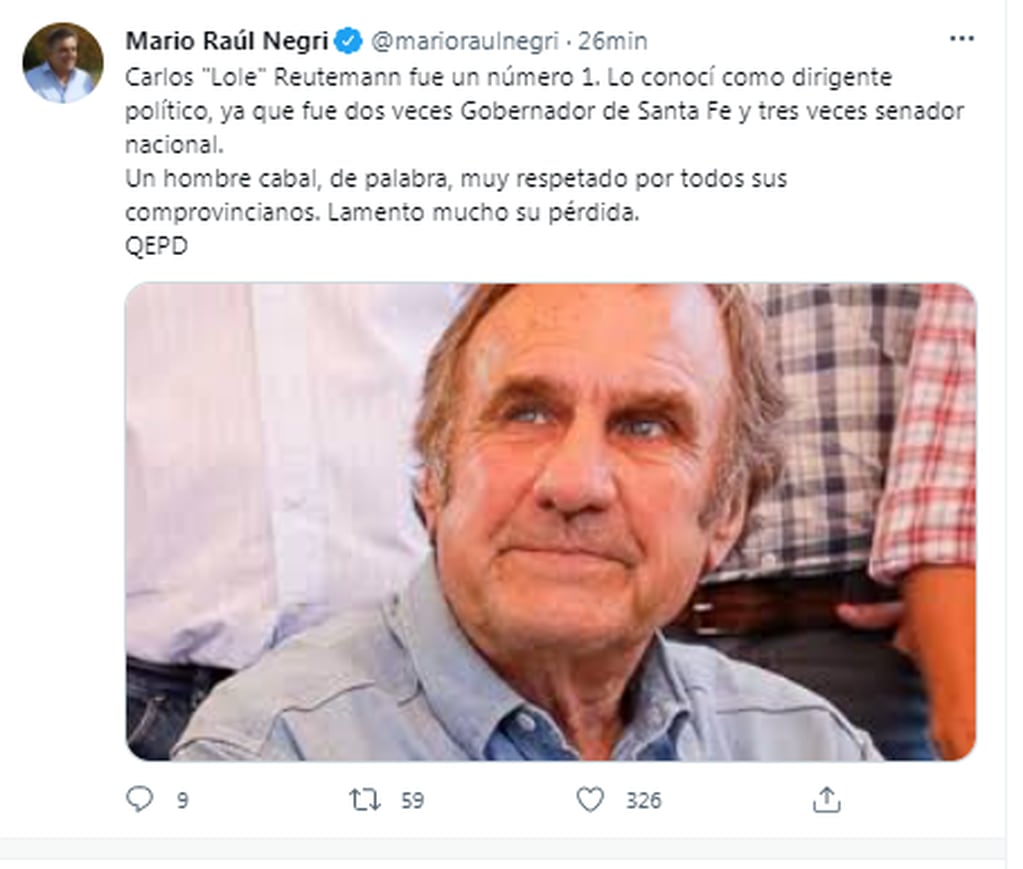 Mario Raúl Negri se despidió de Carlos Reutemann a través de sus redes sociales.