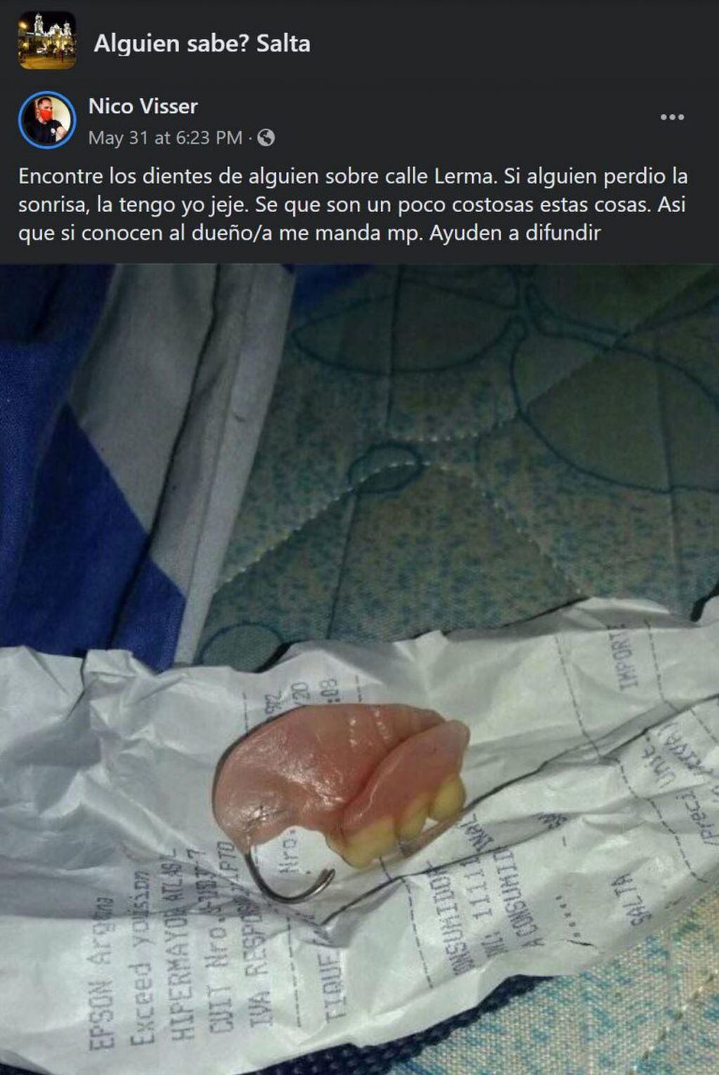 Salteños encontraron dentaduras en el centro salteño (Facebook Alguien sabe? Salta)
