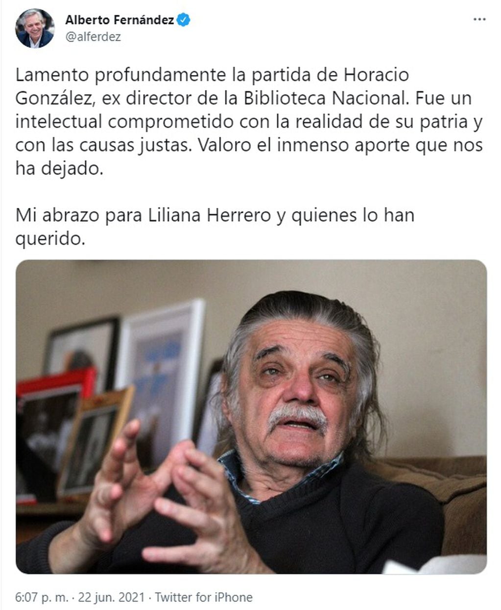 Alberto Fernández despidió a Horacio González en Twitter. (Twitter: @alferdez)