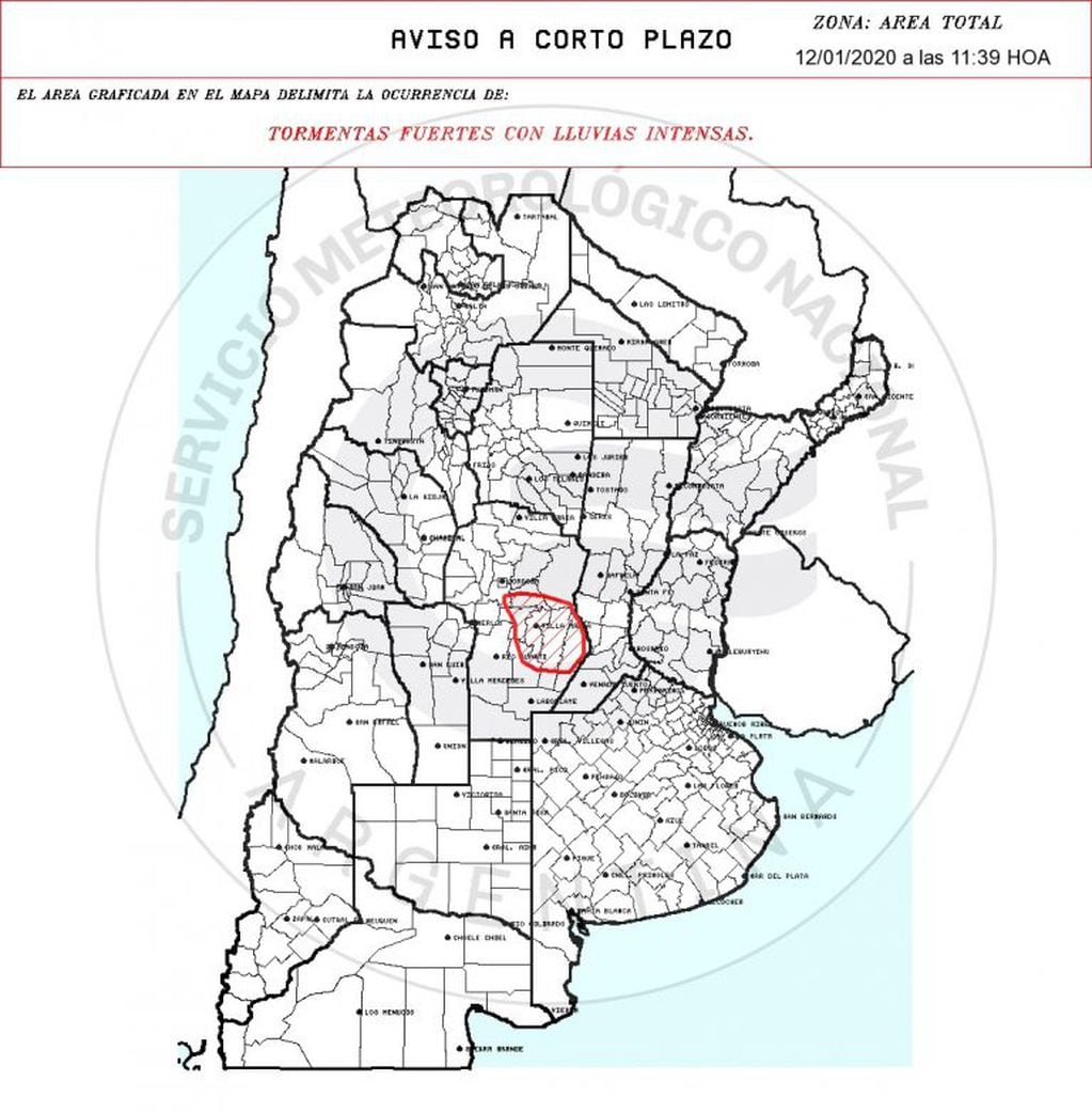 Alerta a muy corto plazo para localidades de Córdoba.