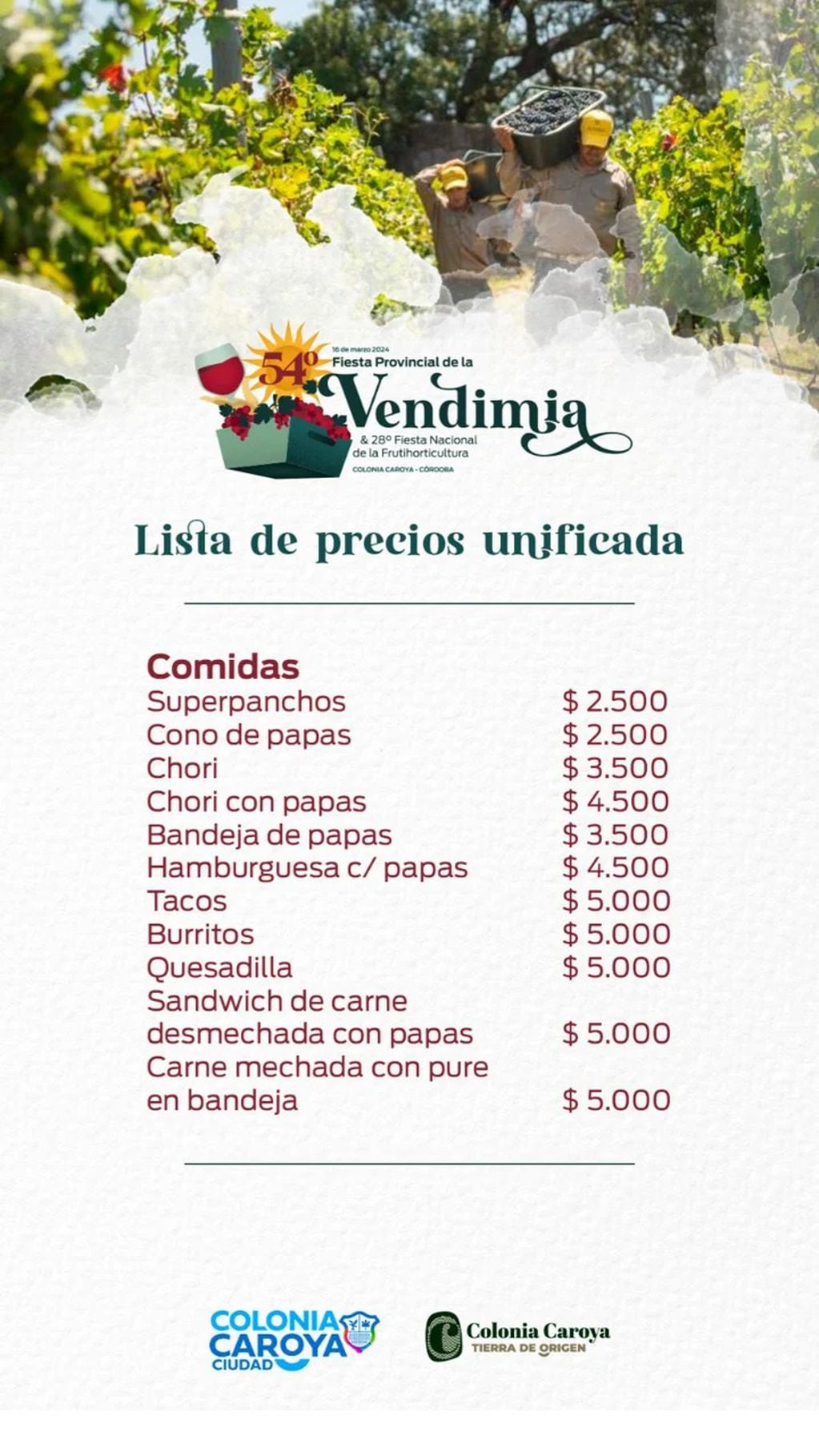 Lista de precios de comida en Colonia Caroya.