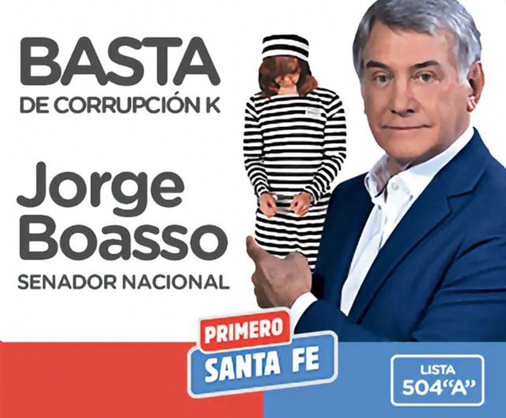 El afiche de Jorge Boasso señalando a Cristina Kirchner y la frase "Basta de corrupción K" que desató la renuncia de Luis Contigiani.