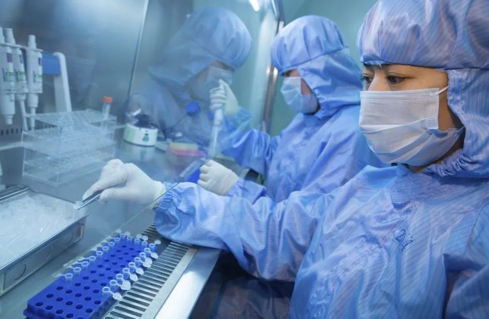 Varios empleados trabajan en la producción del reactivo de detección del virus ébola en ZJ Bio-Tech Co., Ltd. en Shanghái (China) el pasado 10 de marzo de 2014. Crédito: EFE/Str.
