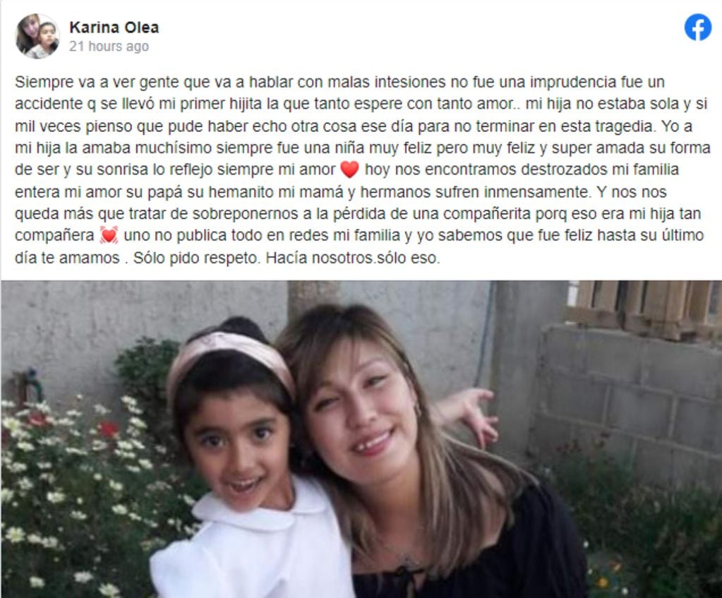 La madre de la nena que falleció luego de ser atropellada por el auto de su madre, pidió respeto a través de un descargo en Facebook.