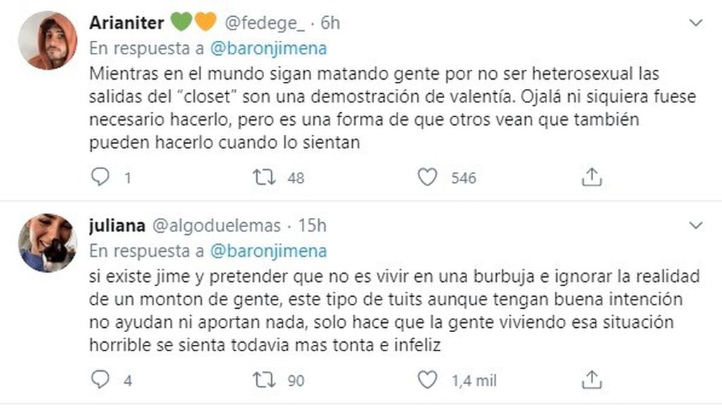 Tweets en respuesta al mensaje de Jimena Barón (twitter)