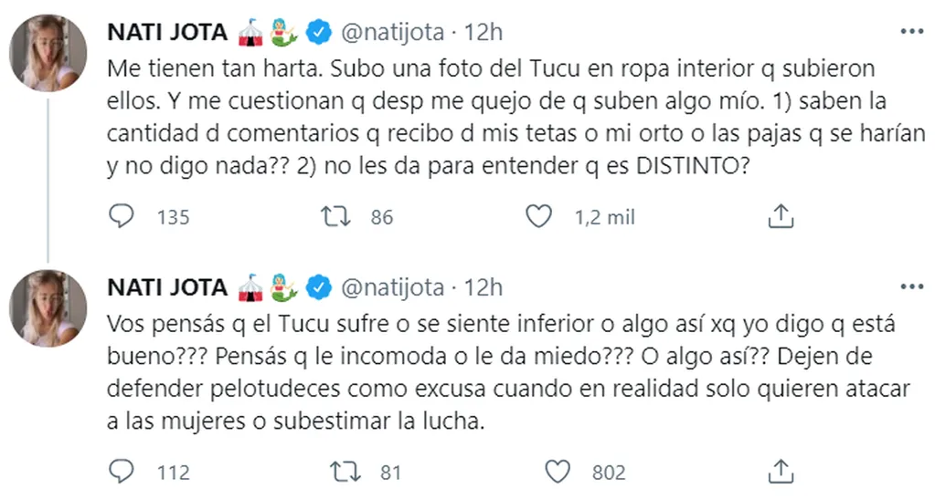 Las publicaciones que realizó Nati Jota en Twitter sobre "Tucu" Correa.