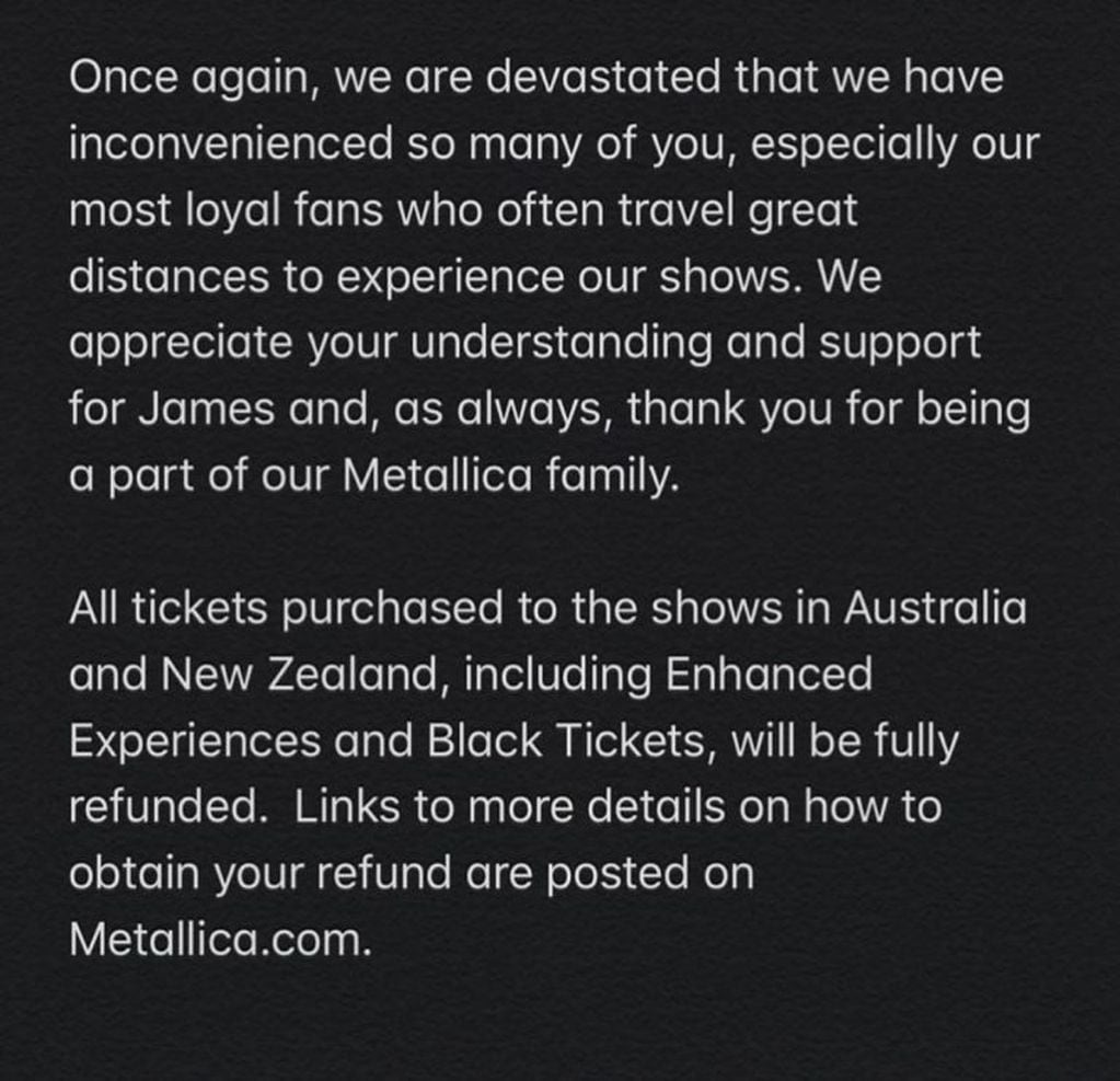 Metallica suspendió su gira por la internación del cantante James Hetfield (Foto: Instagram)