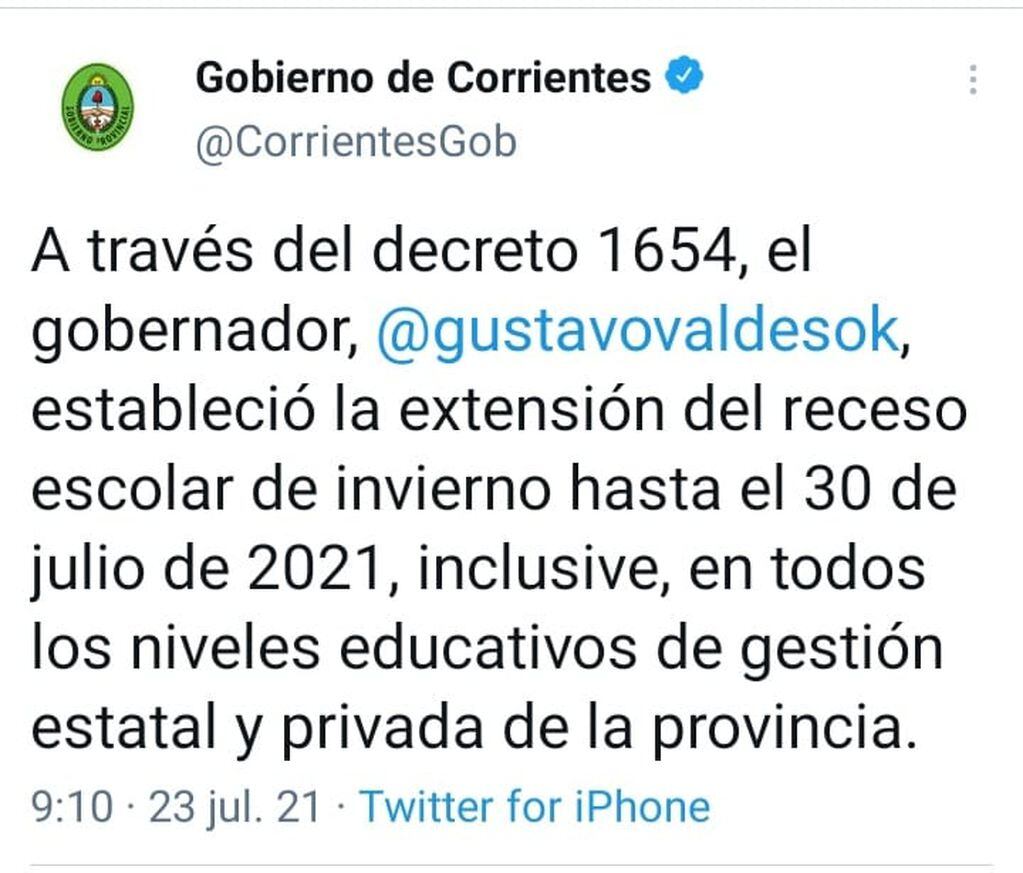 Extrañamente el gobernador Gustavo Valdés no comunicó la medida a través de su cuenta personal de twitter.