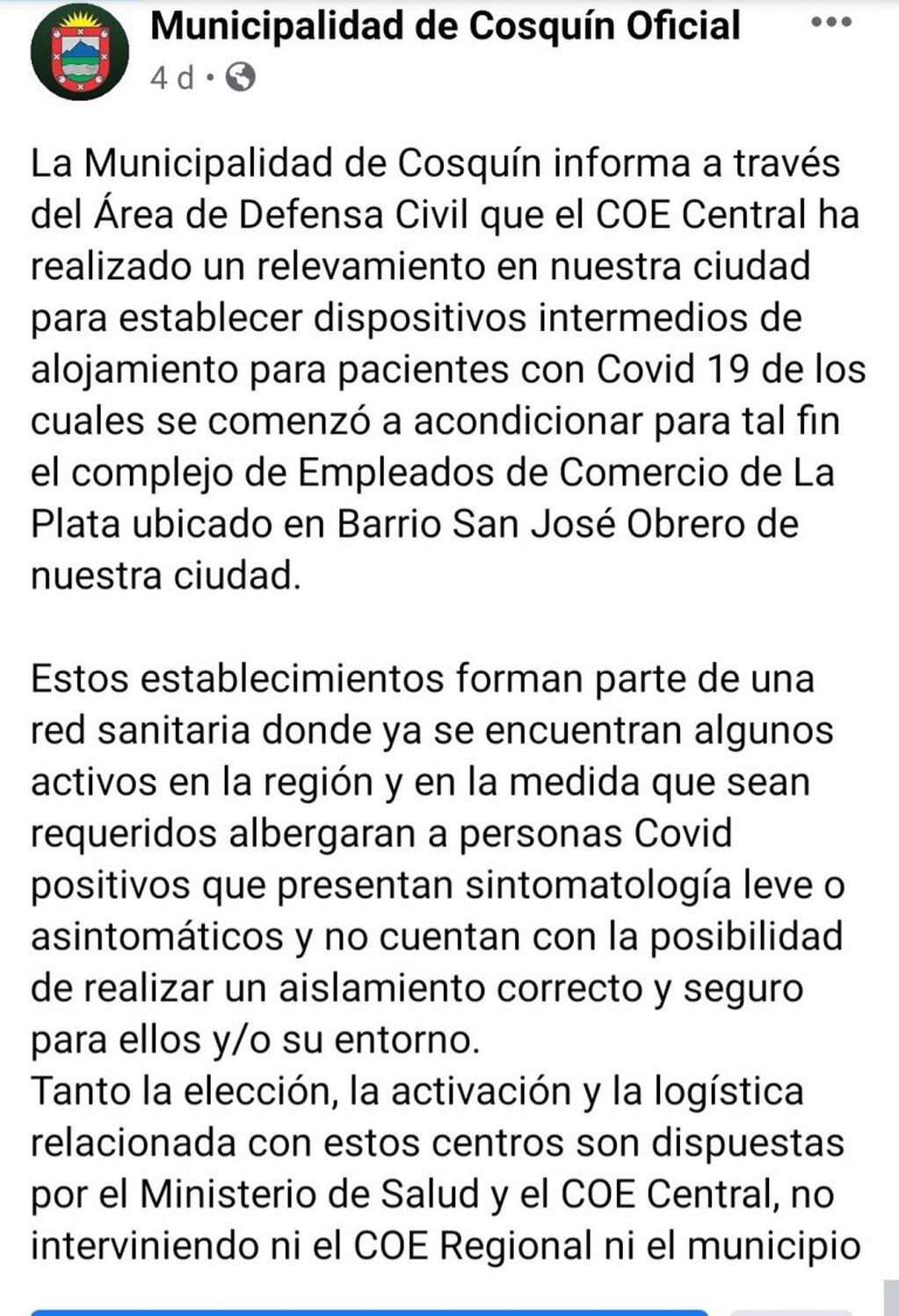 Comunicado difundido por el Municipio de Cosquín el pasado jueves 23 de julio.