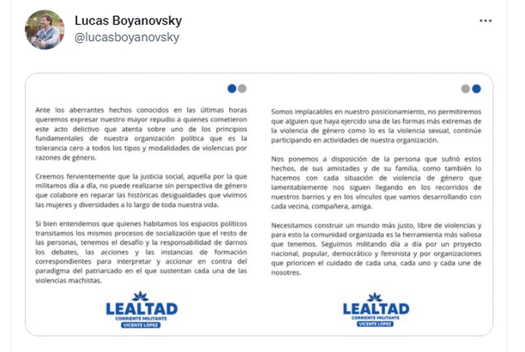 El tuit de Lucas Boyanovsky, el concejal que comanda el espacio Agrupación Lealtad Vicente López, donde militaba uno de los jóvenes implicados en la violación.