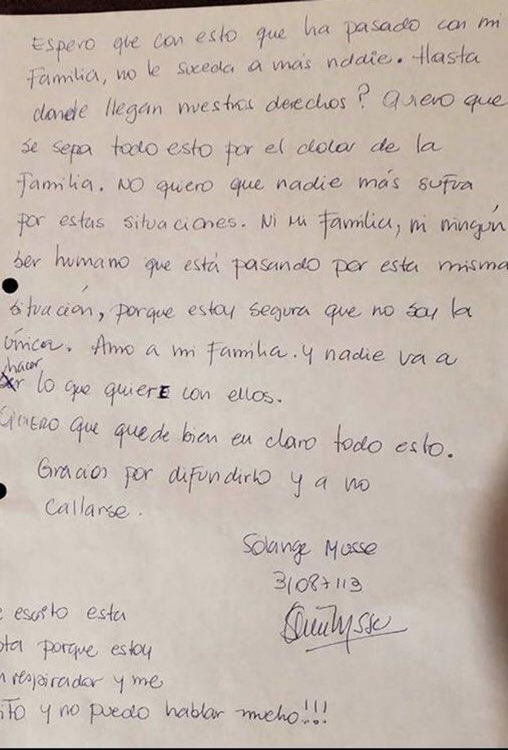 Parte de la carta que dejó Solange.