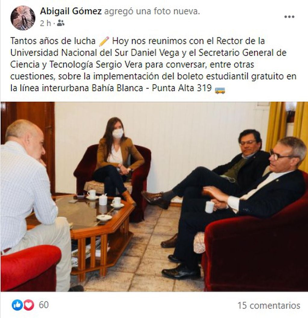 Publicación de Abigaíl Gómez sobre la reunión por el BEG para la Línea 319