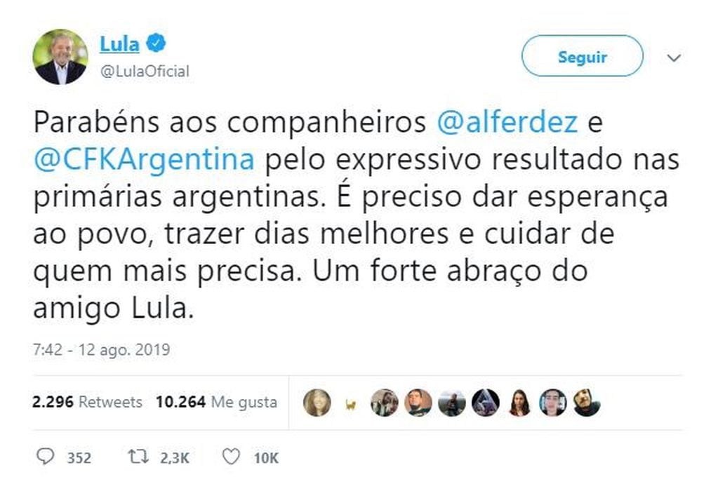 Tweet del expresidente de Brasil para saludar a aAlberto Fernández.