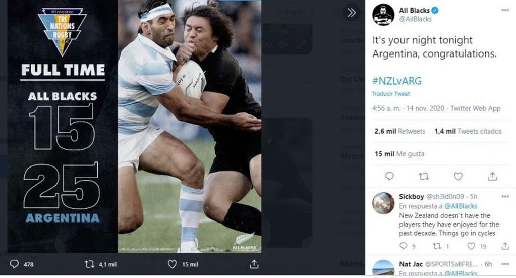 Mensaje oficial de los All Black a la selección argentina de rugby (Twitter)
