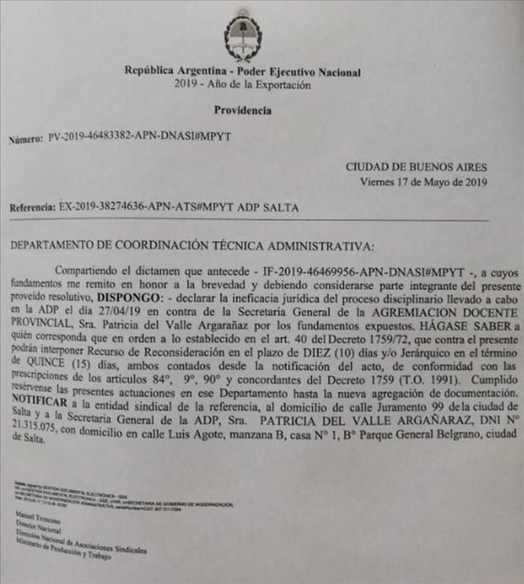 Resolución del Ministerio de Trabajo de la Nación contra ADP