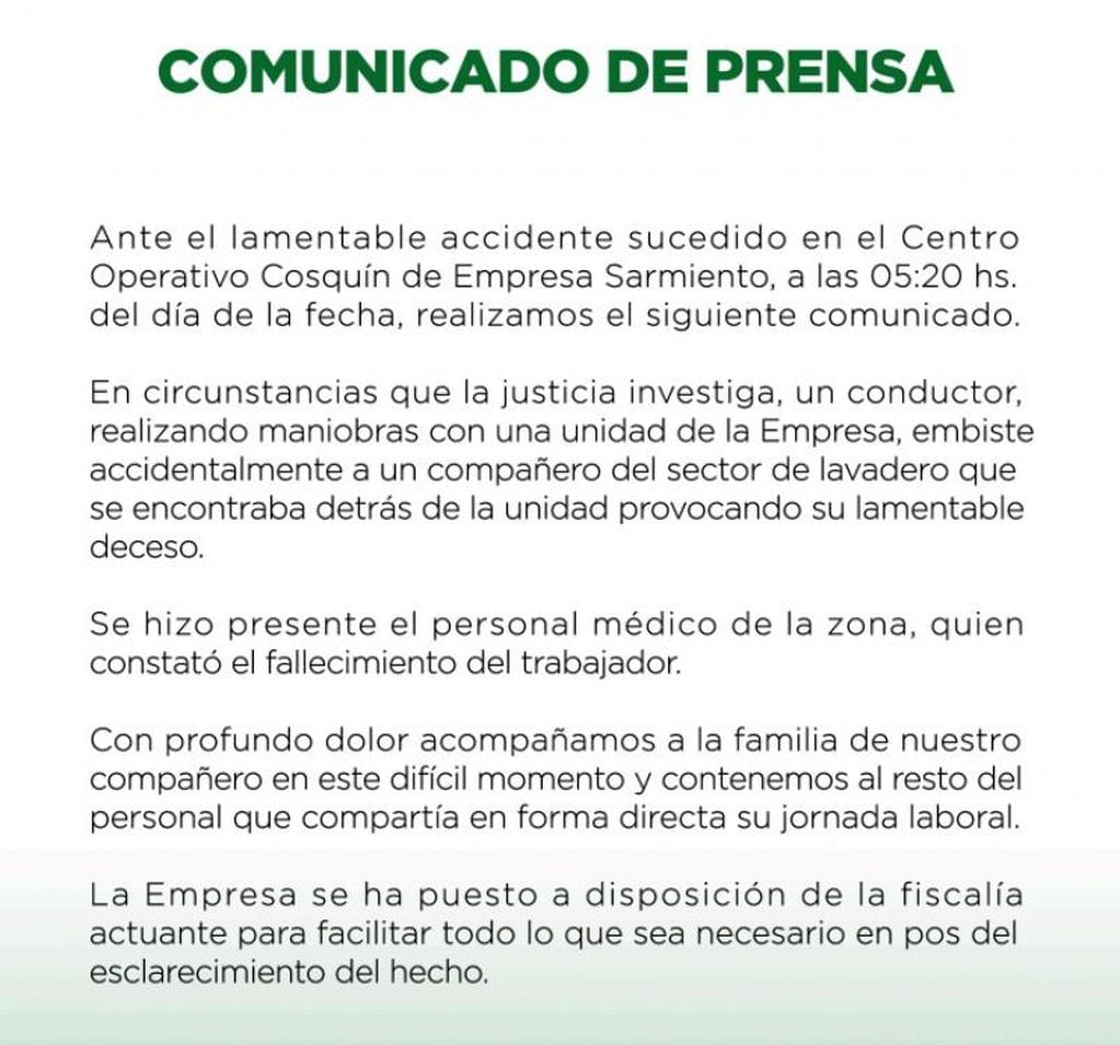 El comunicado de prensa de Sarmiento.