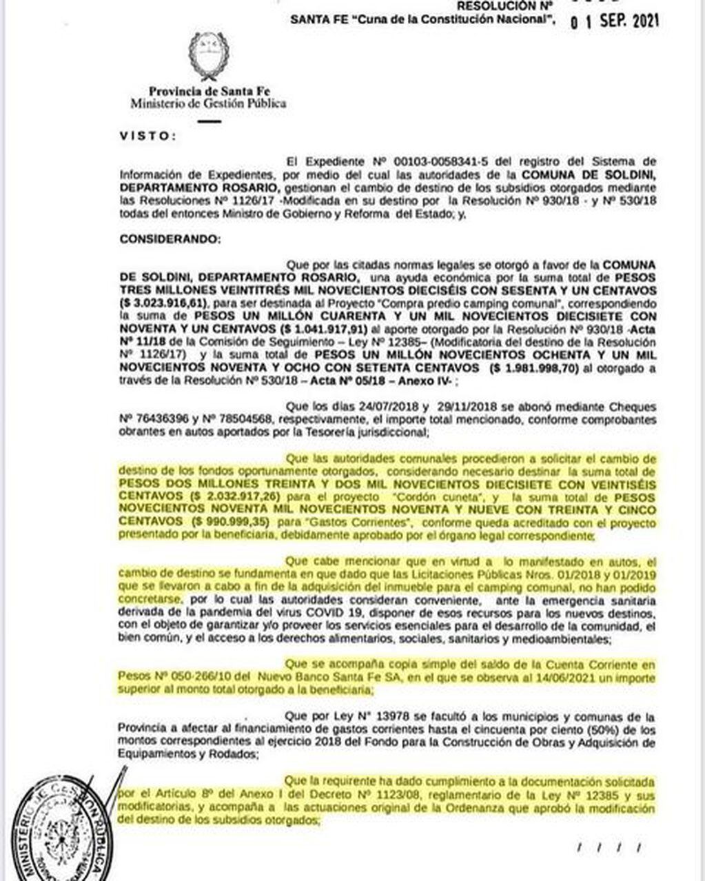 Reasignación de fondos para la ejecución de una obra de cordón cuneta en Soldini (Alejandro Luciani)