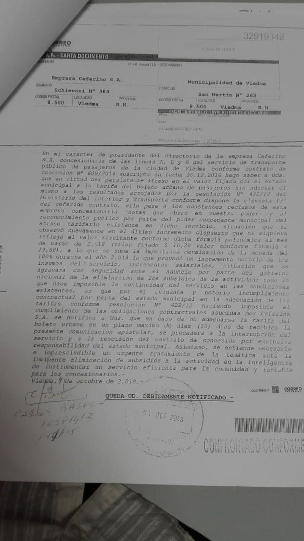 Carta documento a la Municipalidad de Viedma.