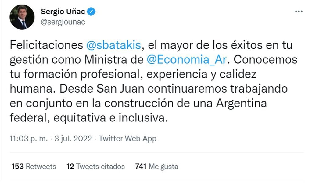 La publicación de Sergio Uñac ante la designación de Silvina Batakis en el Ministerio de Economía