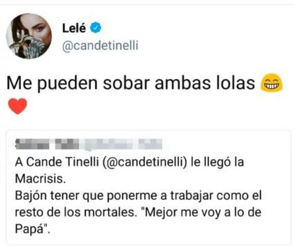 Candelaria Tinelli le respondió a una usuaria que la criticó en Twitter (Twitter)