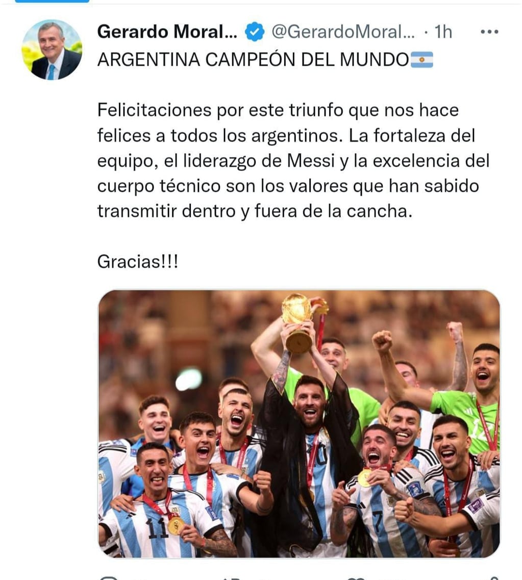El gobernador Morales adhirió a la celebración de los jujeños y los argentinos en general, por el campeonato mundial logrado por la Selección Argentina de fútbol.