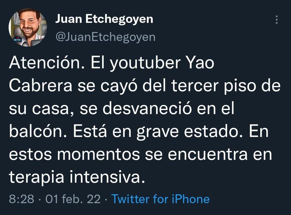 Juan Etchegoyen publicó la noticia de Yao Cabrera en sus redes sociales.