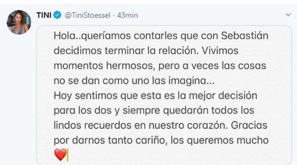 El tuit que confirmó la separación de Yatra y Stoessel.