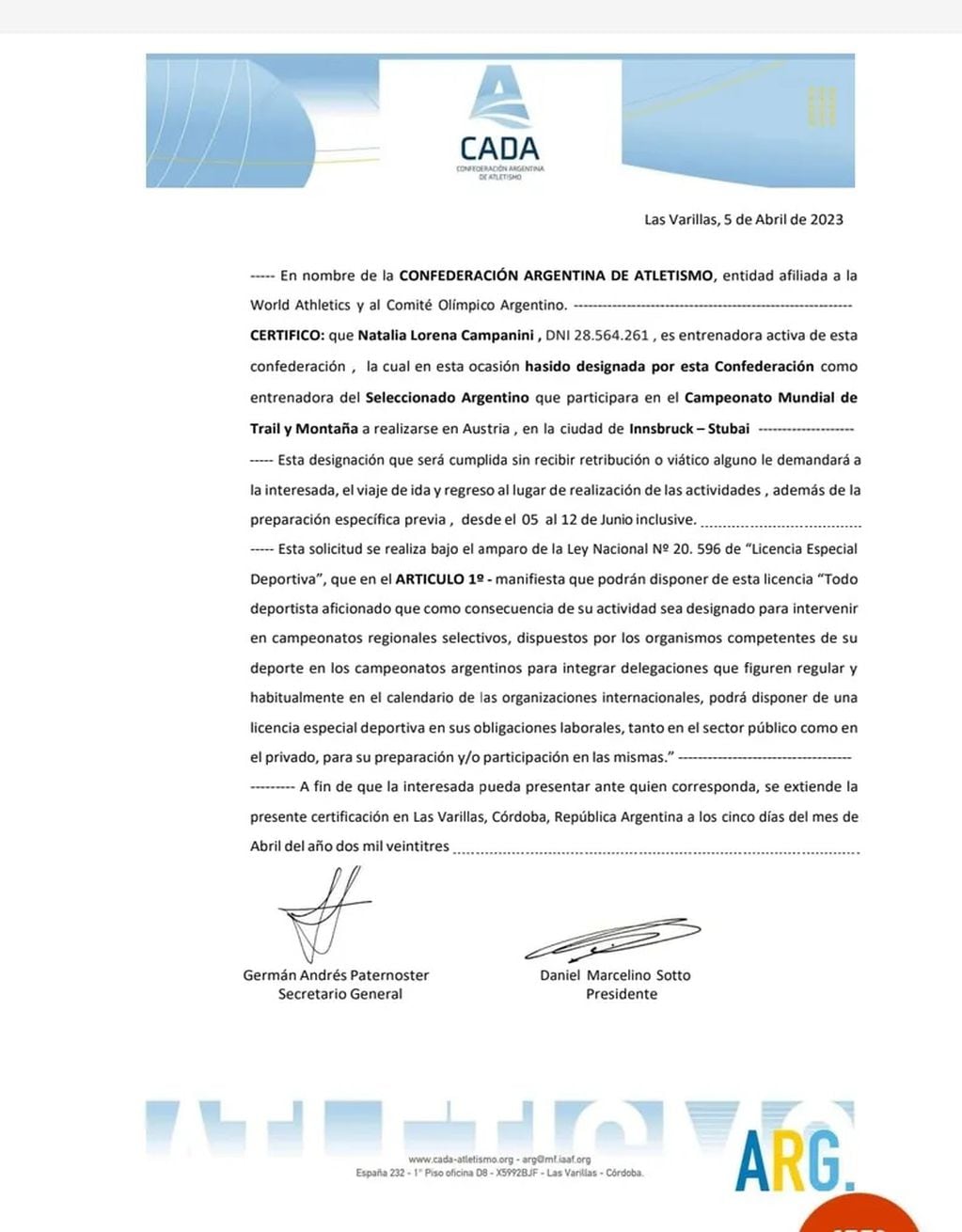 Confirmación del nombramiento de Natalia Campagnini por parte de la CADA, para dirigir a la Selección Argentina de Trail