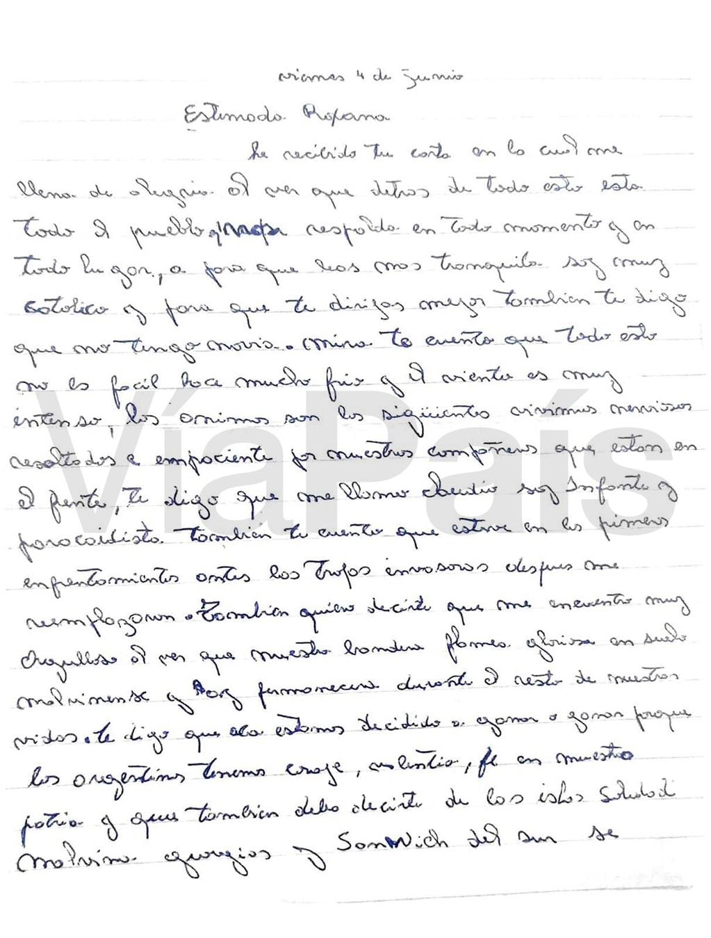 La palabra de Paladino, que refuerza el pensamiento del soldado argentino: "Debo decirte que las Islas Soledad, Malvina, Georgias y Sándwich del Sur, se pagaron pura y exclusivamente con sangre argentina"